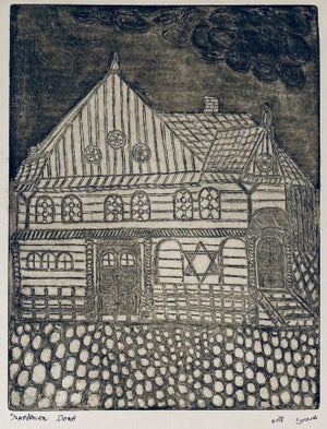 Dora Szampanier, Etching of destroyed synagogue - Husyatin, Ukraine