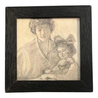 Circa 1910 Original Mother & Child Charcoal Drawing Vintage Oak Frame For Sale