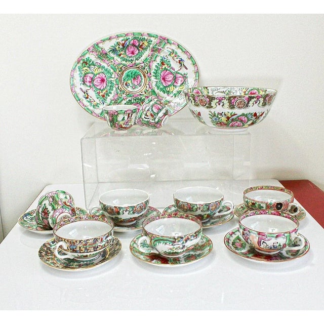 Mid 20th Century Vintage Large Chinese Famille Rose Medallions Set Salad Bowl, Oval Platter, Tea Cups & Saucers, Mini Sake/Rice Bowls Set - 19 Pieces For Sale - Image 5 of 13