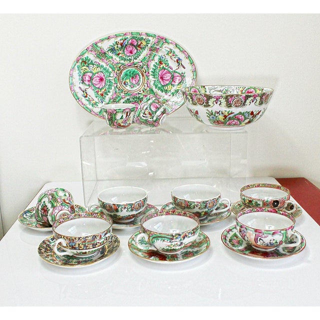 Mid 20th Century Vintage Large Famille Rose Medallions Set Salad Bowl, Oval Platter, Tea Cups & Saucers, Mini Sake/Rice Bowls Set - 19 Pieces For Sale - Image 5 of 13
