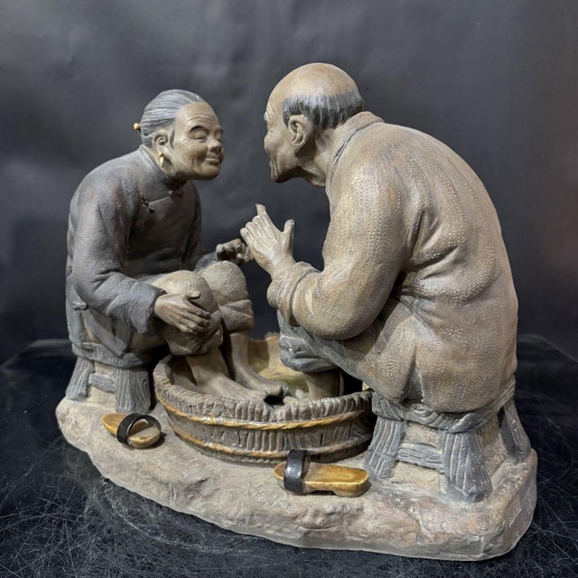 1950s Vintage Shiwan Ware "Shared Joy" Figurine | Handmade Ceramic Elderly Couple Sculpture | 13" Wide For Sale - Image 5 of 9