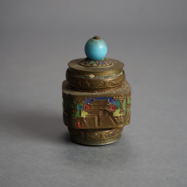 Antique Chinese Bronze and Enameled Scent Jars C1920 - Set of 6 For Sale - Image 4 of 12