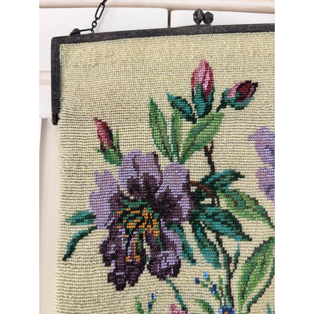 Early 20th Century Antique Micro Beaded Handbag Floral on Chain For Sale - Image 5 of 7