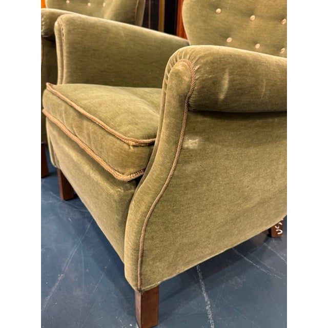Mid 20th Century Pair of Danish MCM Green Velour Club Chairs For Sale - Image 5 of 6