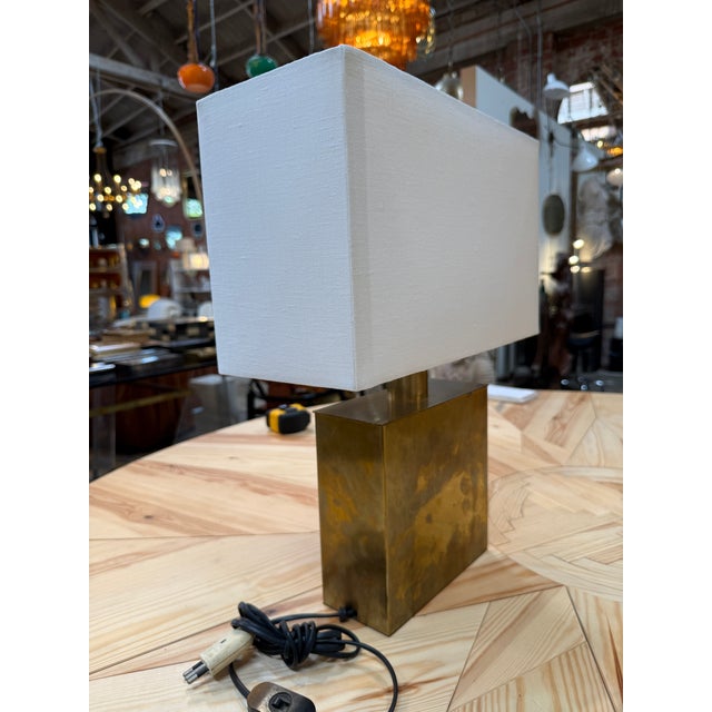 Brass Table Lamp With Blue Panel Base and Rectangular Linen Shade For Sale - Image 4 of 7
