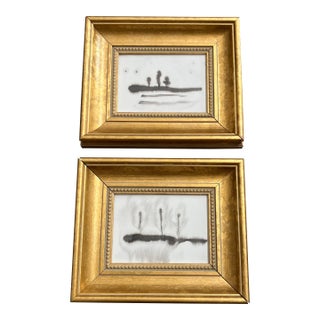 Contemporary 2 Original Abstract Ink Wash Paintings Chunky Gold Frame-a Pair For Sale