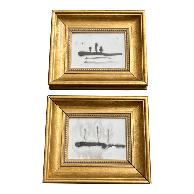 Contemporary 2 Original Abstract Ink Wash Paintings Chunky Gold Frame-a Pair For Sale