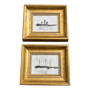 Contemporary 2 Original Abstract Ink Wash Paintings Chunky Gold Frame-a Pair