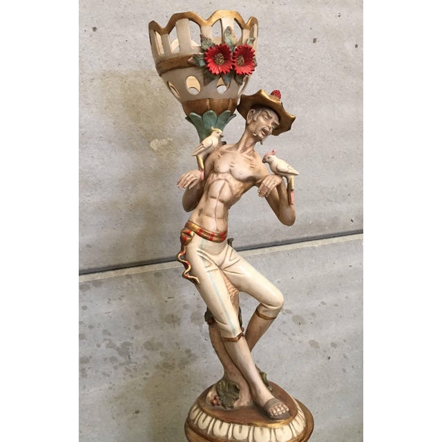 Ceramic 20th Sculpture of an Asiatic Man With Birds and Harlequin Motifs, Spain For Sale - Image 7 of 13