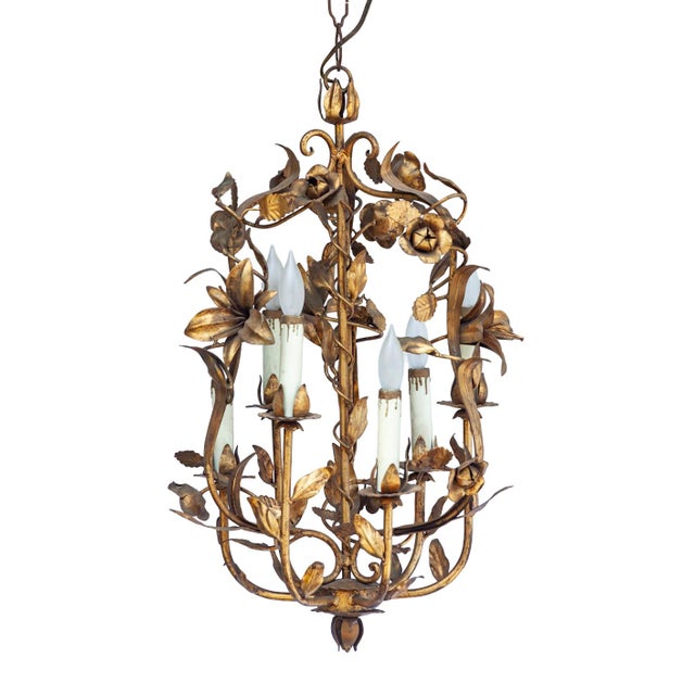 Antique Italian Tole Gold Painted Chandelier For Sale In Los Angeles - Image 6 of 12