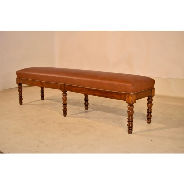 19th Century 19th Century English Oak Upholstered Leather Bench For Sale - Image 5 of 9