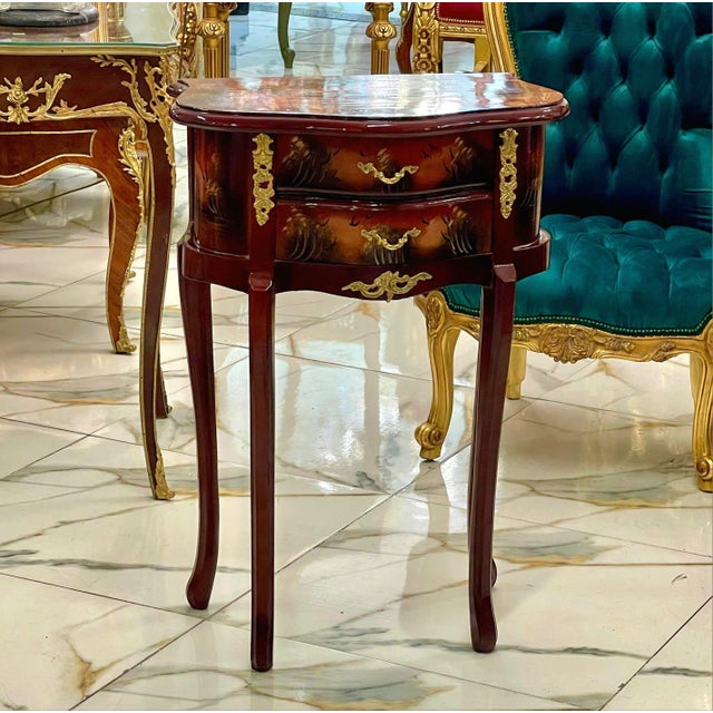 French Style Hand-Painted Accent Table With 2 Drawers & Gilded Brass Hardware For Sale - Image 4 of 9