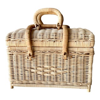 Circa 1970 Petite Rattan Sewing/Decor Basket With Folding Latch Handles For Sale