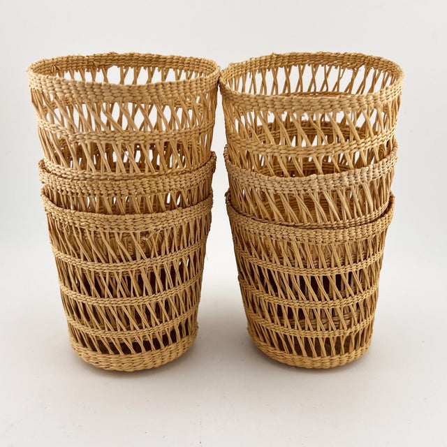Vintage Woven Rattan Wicker Glass Holders Coastal Barware - Set of 6 For Sale - Image 10 of 11