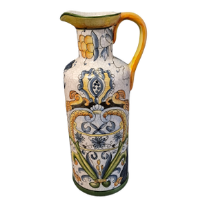 Late 20th Century Crackle Ceramic Italian Ewer Pitcher Multi Color Tuscan Deruta Motif