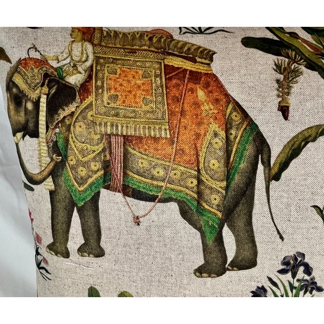 20" Square Decorative Throw Pillow Adorned With an Exotic Scene of Men Riding Majestic Elephants Among Palm Trees & Flowers - Made in the U K For Sale - Image 4 of 12