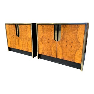 Milo Baughman Attributed Burl Wood and Brass Black Lacquered Nightstands - a Pair For Sale