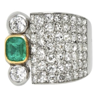Vintage Platinum and Gold, Emerald and Diamond Ring From 1940's, Size 7 For Sale