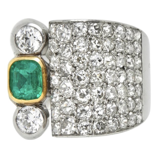 Vintage Platinum and Gold, Emerald and Diamond Ring From 1940's, Size 7 For Sale