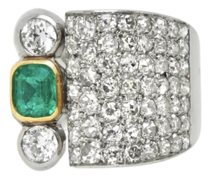 Vintage Platinum and Gold, Emerald and Diamond Ring From 1940's, Size 7