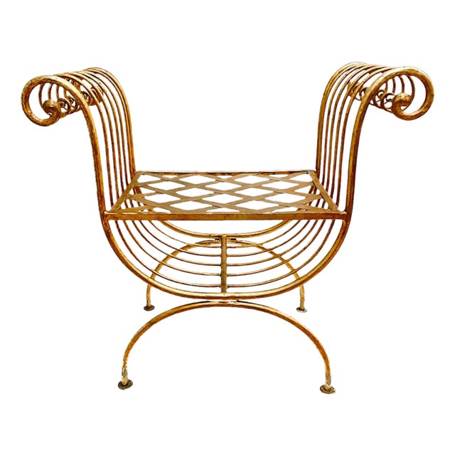 1960 Italian Hollywood Regency Gilt Wrought Iron Curule Vanity Bench For Sale
