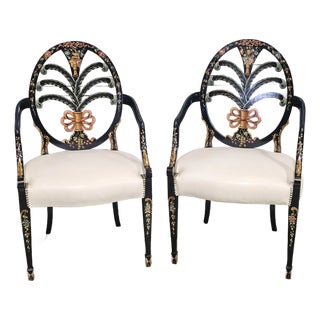 Late 20th Century Pair of Karges Hepplewhite Plum Arm Chairs Ebonized, Carved Hand Painted Leather Fabric For Sale
