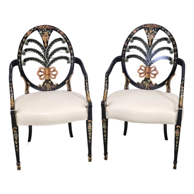 Late 20th Century Pair of Karges Hepplewhite Plum Arm Chairs Ebonized, Carved Hand Painted Leather Fabric For Sale
