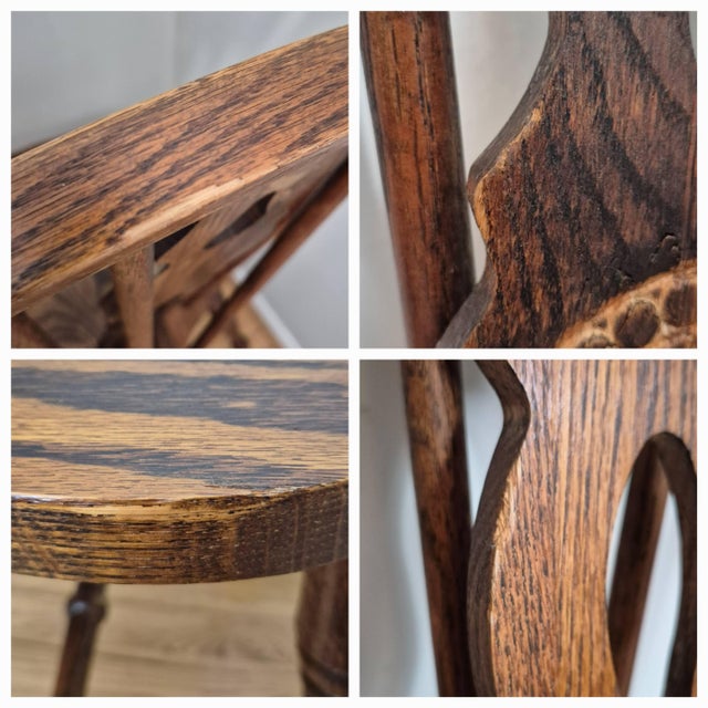 1940s h.w. Hull & Sons Oak Brace Back Windsor Dining Side Chairs W/ Carved Medallions, Set of 6 For Sale - Image 11 of 13