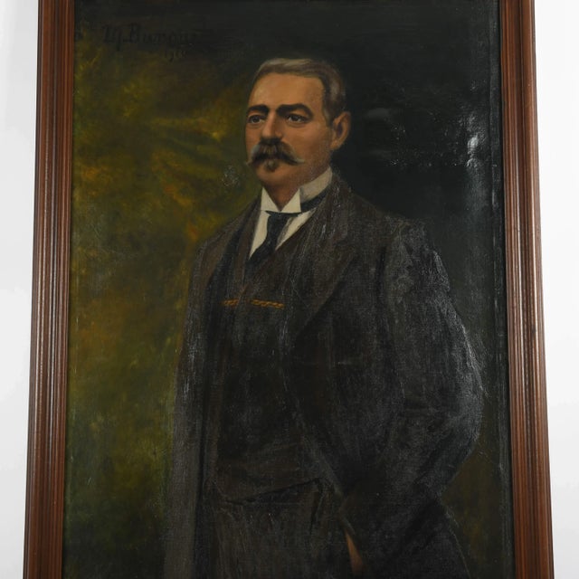 This Framed Signed Gentleman's Portrait Oil on Canvas by M. Bunoust presents a dignified figure in formal three-piece...
