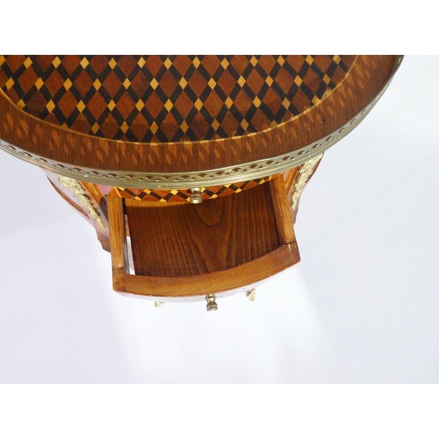 Brown Small French Louis XV Style Oval Marquetry Side Table or Nightstand with Drawers and Brass Details, 1960s For Sale - Image 8 of 10