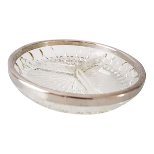 Vintage 1950s Mid-Century Crystal Glass Bowl With Silver Rim
