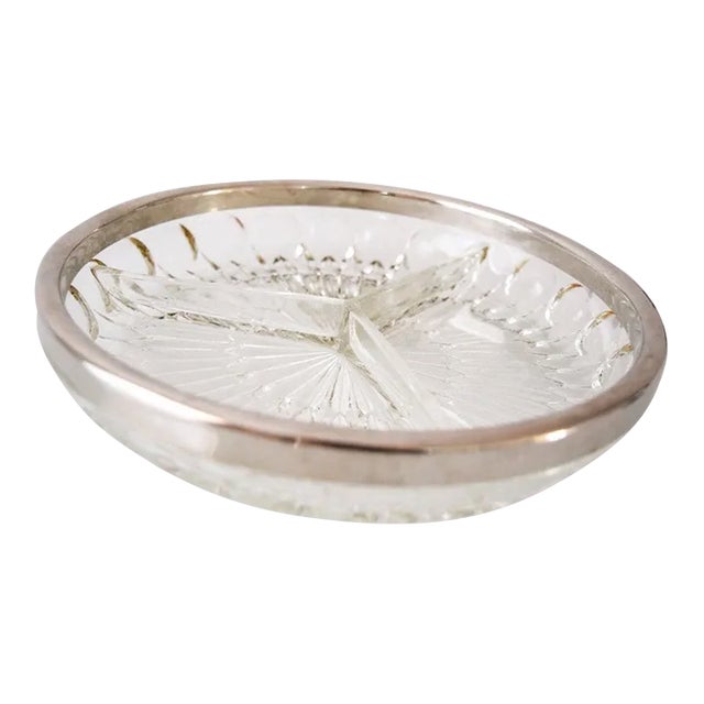Vintage Mid Century Modern Crystal Glass Bowl With Silver Rim 1950s For Sale