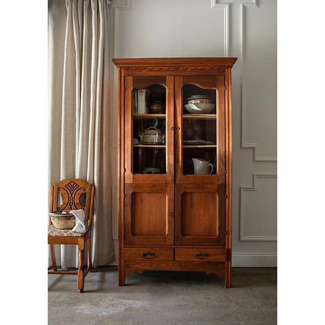 Chestnut Antique 20th Century American Oak Kitchen Cupboard & Glass Display Hutch For Sale - Image 8 of 18