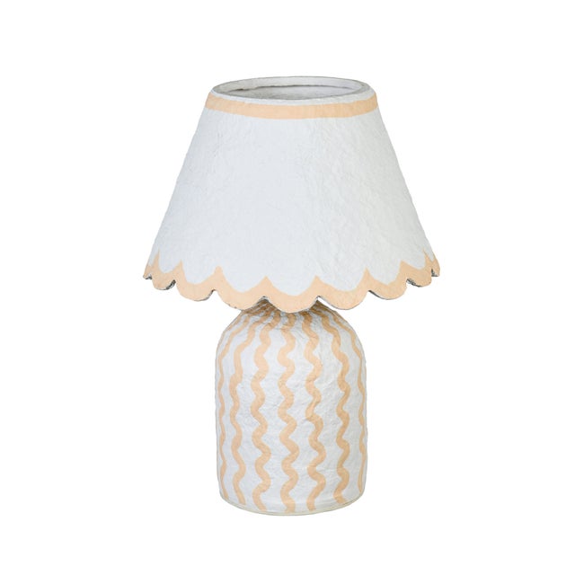 Boho Chic Blum Scalloped Squiggle Cotton Mache Table Lamp, Peach For Sale - Image 3 of 6