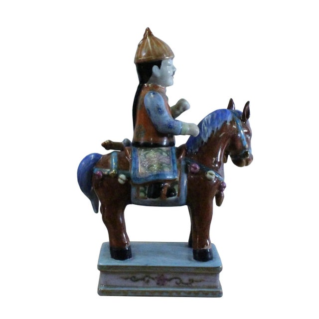 1970s Oriental Vintage Handmade Ceramic Qing Man Riding Horse Figure For Sale - Image 5 of 8