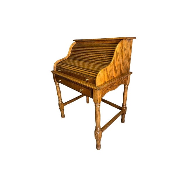 Vintage C .1970's Solid Oak Bradford Style Mini Roll-Top Desk For Sale - Image 4 of 11