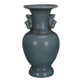 1950s Sky Blue Crackle Glaze Amphora Style Vase With Twin Ornate Handles For Sale