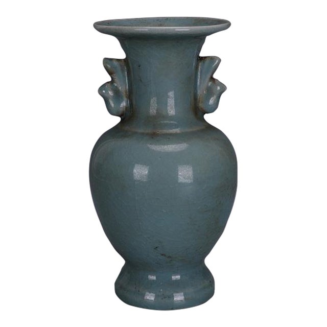 1950s Sky Blue Crackle Glaze Amphora Style Vase With Twin Ornate Handles For Sale