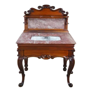 Antique French Victorian Mahogany Marble Top Bathroom Vanity Porcelain Sink