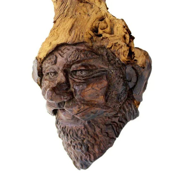 Folk Art Early 20th Century Detailed Burl Wood Carving of an Elf or Gnome Face Sculture For Sale - Image 3 of 10