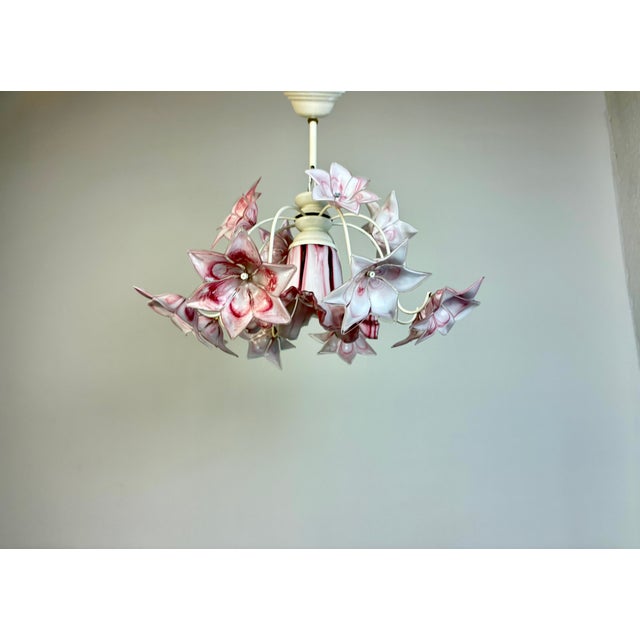 1980s Murano Style Pink Glass Floral Chandelier With White Frame For Sale - Image 4 of 11