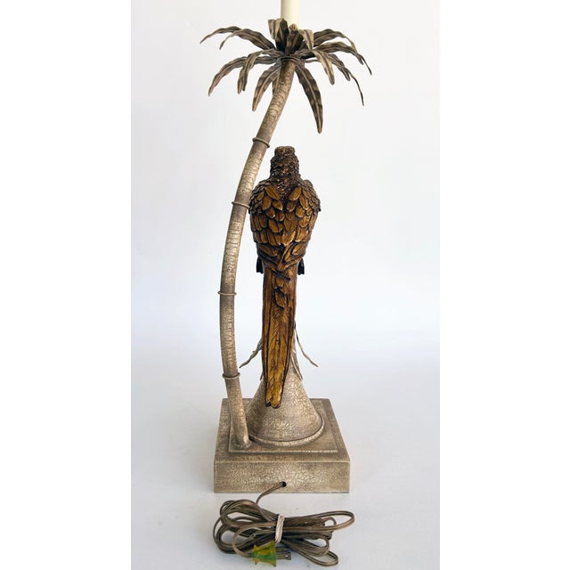Late 20th Century Palm Beach Chic Brass Macaw Parrot Tole Palm Tree Lamp For Sale - Image 9 of 11