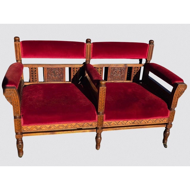 19th C Victorian Church Altar Bench Red Velvet Carved Wood 52" For Sale In Phoenix - Image 6 of 12