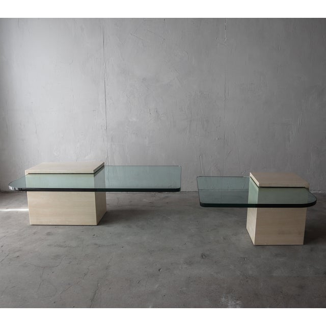 Italian Pair of Italian Travertine and Cantilevered Glass Coffee Tables For Sale - Image 3 of 11