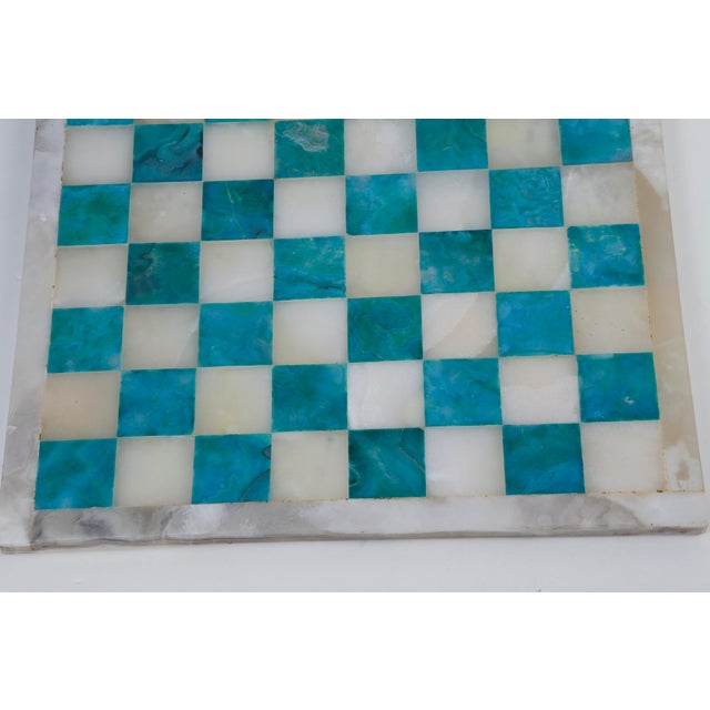 Hollywood Regency Vintage Large Emerald Green Marble Stone Inlaid Chess Board Alabaster Handcrafted 1950's For Sale - Image 3 of 8