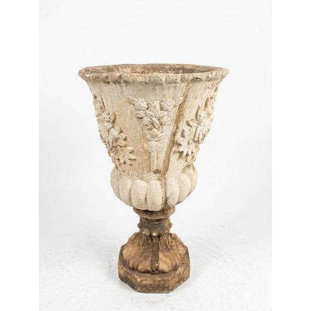 Vintage French Style Cast Stone Floral Relief Garden Urn For Sale - Image 4 of 8