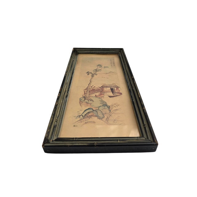 Pair of Mid-Century Antique Japanese Landscape Watercolors - Ebonized Bamboo Framed For Sale - Image 9 of 15