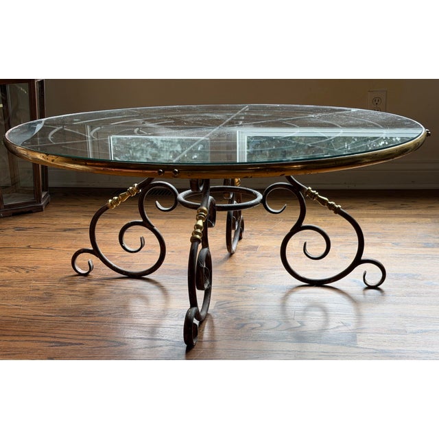 Mid-Century Maison Jansen Style Wrought Iron & Brass Round Glass Cocktail Table, C. 1960s For Sale - Image 4 of 12