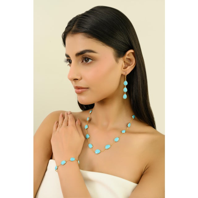 Metal 14k Gold Cabochon 11.2 Ct Turquoise Dangle Earrings for Her- A Pair For Sale - Image 7 of 11