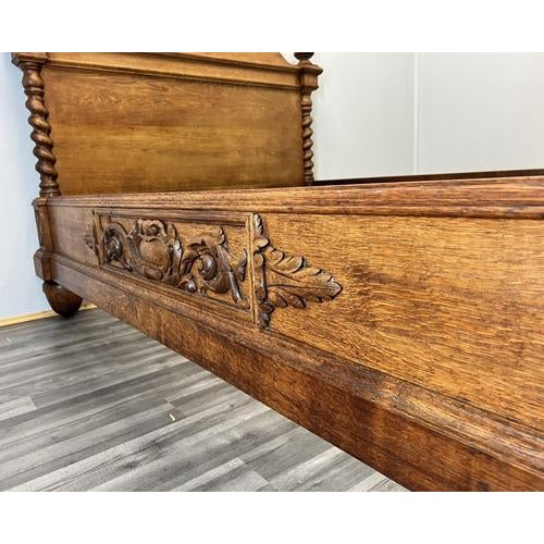 Antique French Style Oak Double Bed Frame with Carved Headboard For Sale - Image 4 of 18
